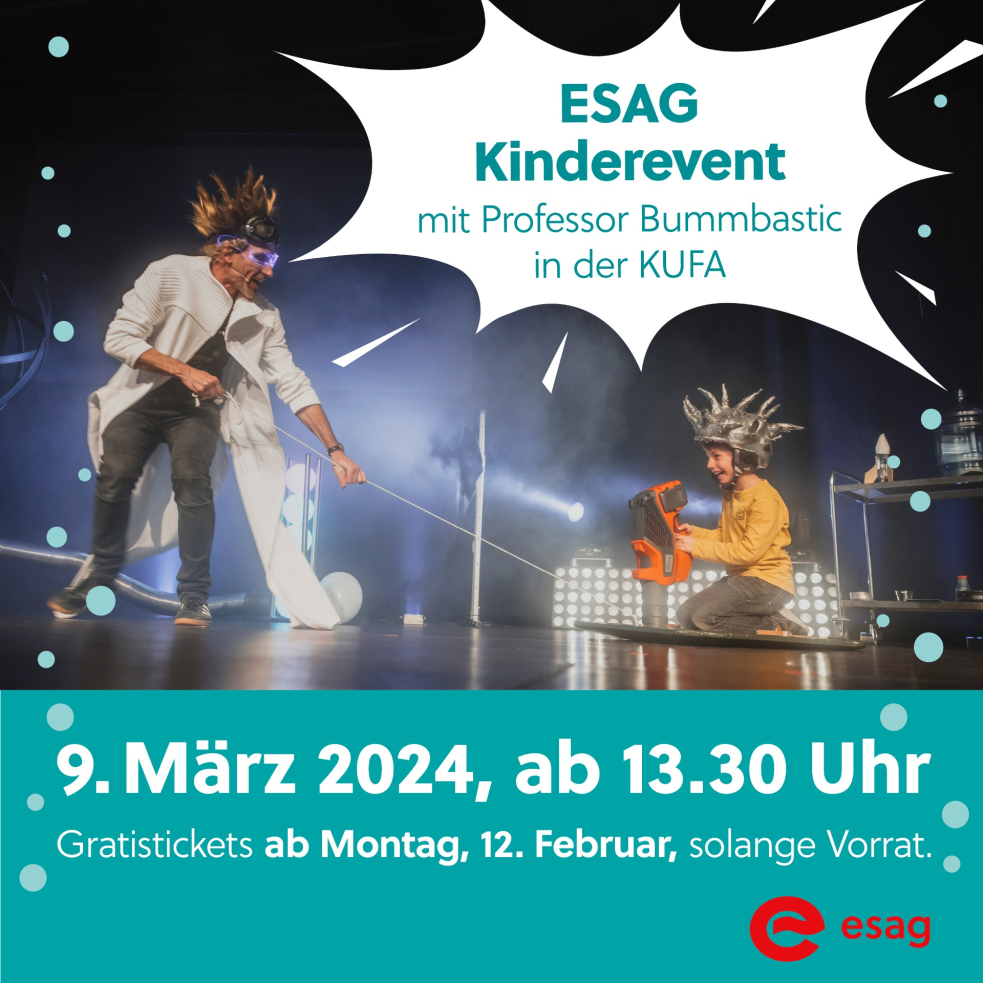 Flyer zum Kinderevent der ESAG mit  Professor Bummbastic.